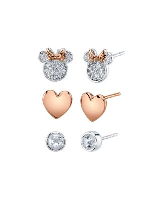 Disney - Three Pair Silver Plated Two Tone Rose Gold Minnie Mouse Earring Set with Rose Gold Heart and Bezel CZ Stud