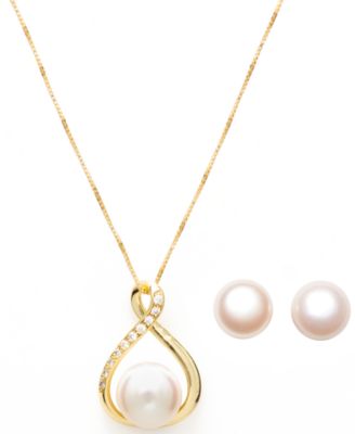 Macy's - Cultured Freshwater (10-11mm) Pearl Pendant and Stud Set in 18k Gold over Sterling Silver.