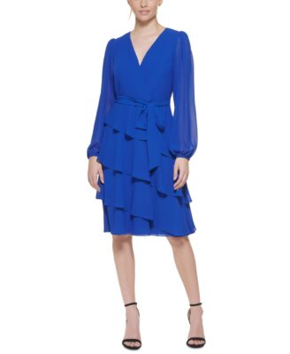 Jessica Howard - Petite Blouson-Sleeve Tiered Chiffon Fit & Flare Dress