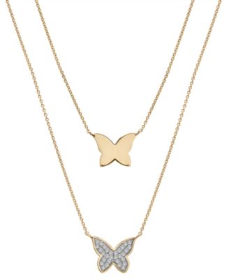 Wrapped - Diamond Pav&eacute; & Polished Butterfly Layered Pendant Necklace (1/6 ct. t.w.) in 10k Gold, 17" + 1" extender