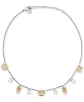 Philipp Plein - Two-Tone Stainless Steel Crystal, 3D $kull & Hexagon Logo Charm Necklace, 15-3/4" + 2" extender