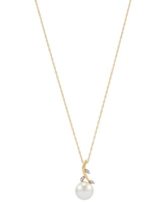 Honora - Cultured Freshwater Button Pearl (8mm) & Diamond Accent Vine 18" Pendant Necklace in 10k Gold