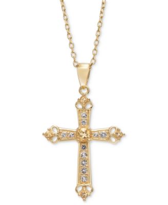Macy's - Sky Blue Topaz (1/3 ct. t.w.) & White Topaz (5/8 ct. t.w.) Cross 18" Pendant Necklace in 14k Gold-Plated Sterling Silver (Also in Citrine & Rhodolite)