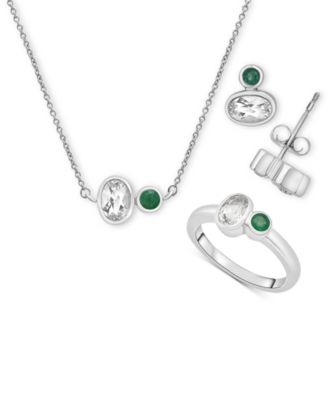 Macy's - 3-Pc. Set Lab-Grown Emerald (1/4 ct. t.w.) & Lab Grown White Sapphire (2-1/6 ct.tw) Pendant Necklace, Matching Ring, & Stud Earrings in Sterling Silver