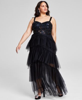 City Studios - Plus Size Sequin Tiered Mesh Gown