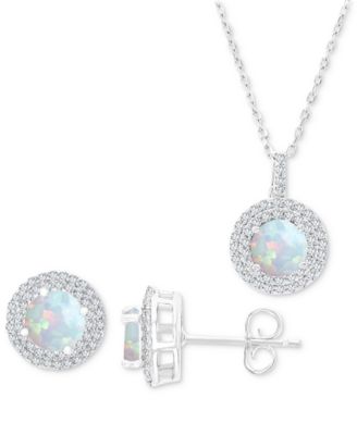 Macy's - 2-Pc. Set Lab-Grown Opal (1-1/10 ct. t.w.) & Lab-Grown White Sapphire (1 ct. t.w.) Halo Pendant Necklace & Matching Stud Earrings in Sterling Silver