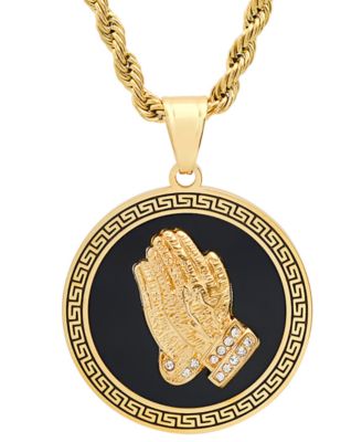 STEELTIME - Men's Stainless Steel Prayer Hand & Greek Key 24" Pendant Necklace