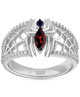 Wonder Fine Jewelry - Garnet (1/4ct. t.w.) Sapphire (1/20 ct. t.w.) & Diamond (1/6 ct. t.w.) Spiderman Ring in Sterling Silver