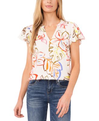 CeCe - Women's Flutter Sleeve V-Neck Printed Blouse