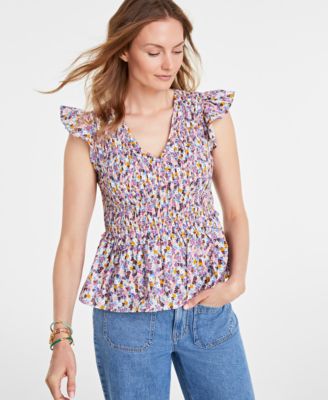 On 34th - Women's Ruffle-Sleeve Printed Peplum Top