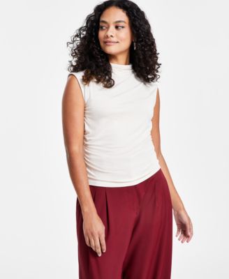 Bar III - Petite Side-Ruched Mock-Neck Sleeveless Top