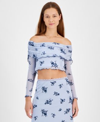 Tinseltown - Juniors' Off-The-Shoulder Cropped Mesh Top