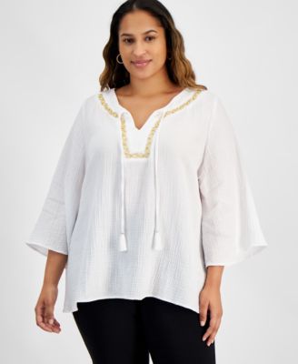 JM Collection - Plus Size Mirella Embellished-Neck Kimono Top