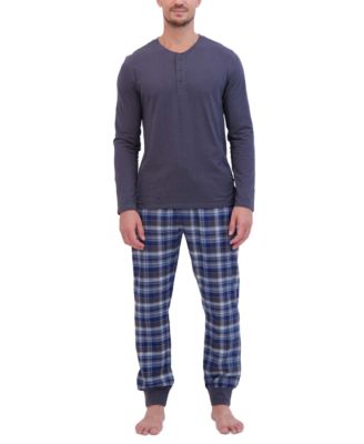 Hanes - Men's Ultimate 2-Pc. Solid Long-Sleeve Henley & Ultra-Soft Plaid Joggers Pajama Set