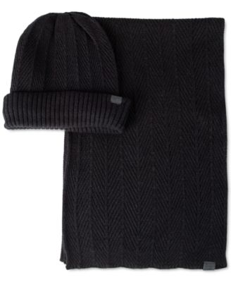 Kenneth Cole Reaction - Men's Ribbed Herringbone Beanie & Scarf Set