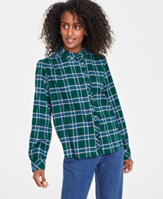 On 34th - Women's Festive Plaid Ruffle-Neck Flannel Shirt