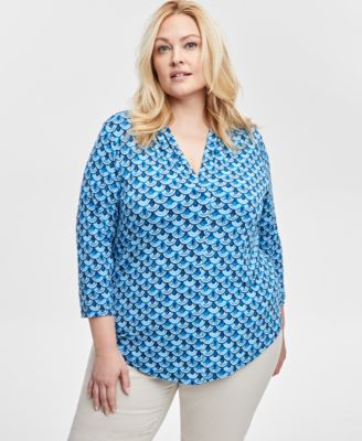 JM Collection - Women's Tile-Print V-Neck 3/4-Sleeve Top