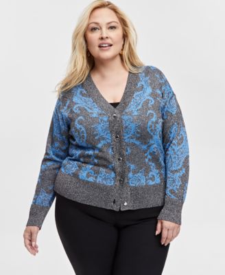 JM Collection - Plus Size Vine-Print Metallic-Threaded Cardigan