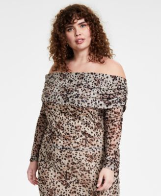Bar III - Trendy Plus Size Printed Off-the-Shoulder Mesh Top