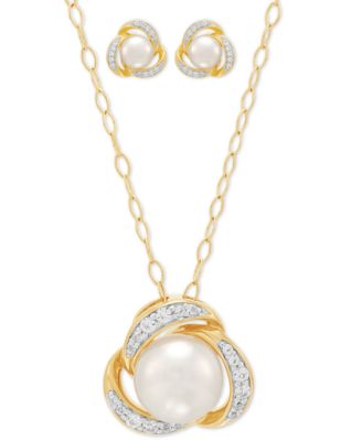 Macy's - 2-Pc. Set Cultured Freshwater Pearl (7 & 8mm) & Lab Created White Sapphire (3/8 ct. t.w.) Love Knot Pendant Necklace & Matching Stud Earrings in 14k Gold-Plated Sterling Silver