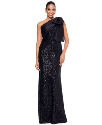 Betsy & Adam - Women's Asymmetric Sequin Bow Sleeveless Gown
