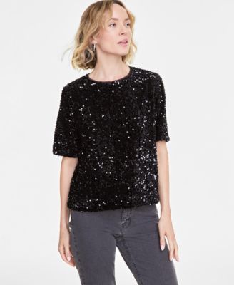 On 34th - Women's Sequin Velvet Short-Sleeve Top