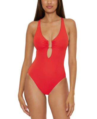 Becca - Women's Modern Edge Ribbed Plunge-Neck One-Piece Swimsuit