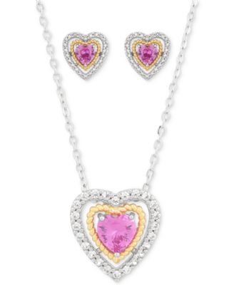 Macy's - 2-Pc. Set Lab Created Pink Sapphire (2 ct. t.w.) & Lab Created White Sapphire (1-1/5 ct. t.w.) Heart Pendant Necklace & Matching Stud Earrings in Sterling Silver & 14k Gold-Plate