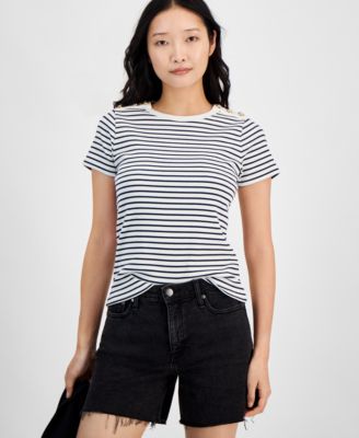 On 34th - Women's Striped Button-Shoulder T-Shirt