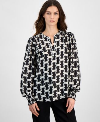T Tahari - Women's Printed Long-Sleeve Satin Split-Neck Top