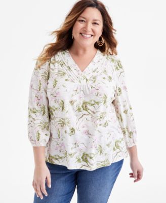 Style & Co - Plus Size Printed Pintuck V-Neck Blouse