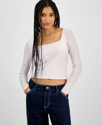 Hippie Rose - Juniors' Square-Neck Double-Layer Long-Sleeve Top