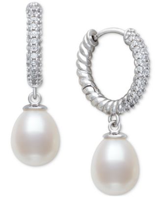 Belle de Mer - Cultured Freshwater Pearl (7-8mm) Charm Lab-Created Sapphire (1/6 ct. t.w.) Hoop Earrings in Sterling Silver