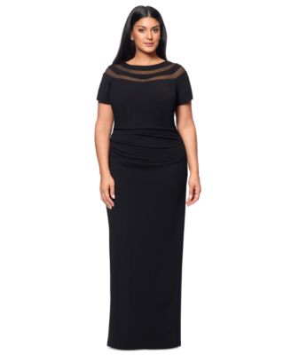 XSCAPE - Plus Size Illusion Boat-Neck Short-Sleeve Gown