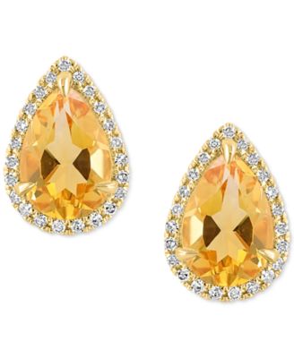 EFFY Collection - Pear-Shape Citrine (2-5/8 ct. t.w.) & Diamond (1/6 ct. t.w.) Halo Stud Earrings in 14k Yellow Gold