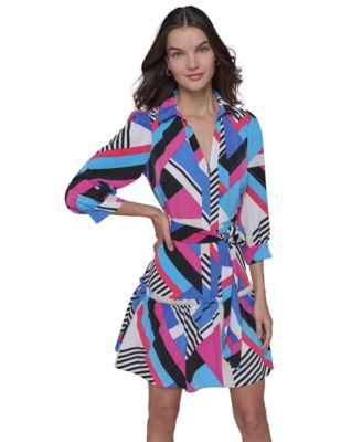 KARL LAGERFELD PARIS - Women's Geo-Print Tie-Waist 3/4-Sleeve Dress