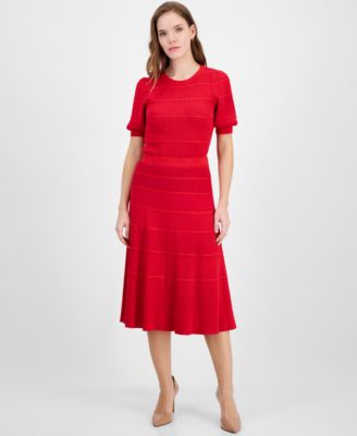 T Tahari - Women's Mixed-Rib Tiered Flared Midi Skirt