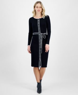 T Tahari - Women's Round-Neck Long-Sleeve Button-Front Dress