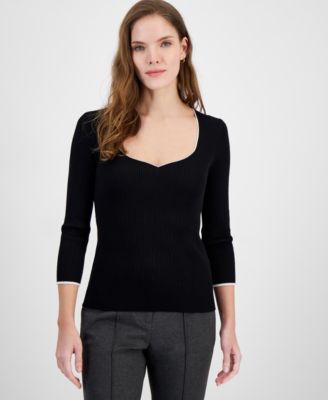 T Tahari - Women's Sweetheart-Neck Rib-Knit 3/4-Sleeve Top