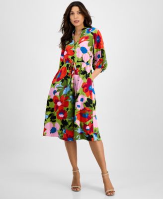 Sandra Darren - Women's Floral-Print Split-Neck Midi Dress