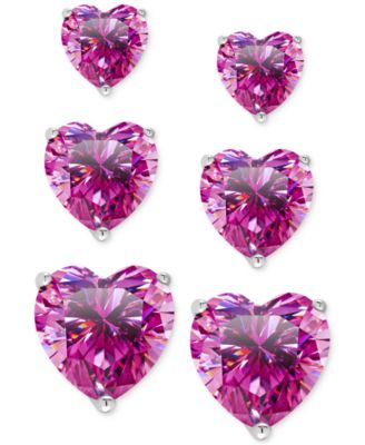 Macy's - 3-Pc. Set Lab Grown Pink Sapphire Heart Stud Earrings (2-1/5 ct. t.w.) in Sterling Silver