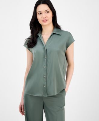 Anne Klein - Petite Solid Button-Front Cap-Sleeve V-Neck Top
