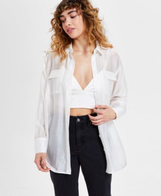 Bar III - Women's Sheer Spread-Collar Button-Front Shirt