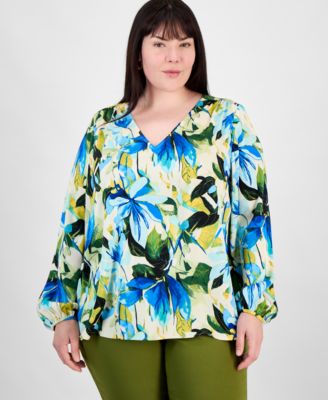 JM Collection - Plus Size Printed V-Neck Long-Sleeve Top