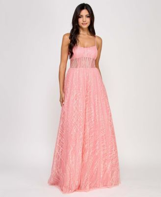 Say Yes - Junors' Illusion-Front Lace-Up-Back Glitter Gown