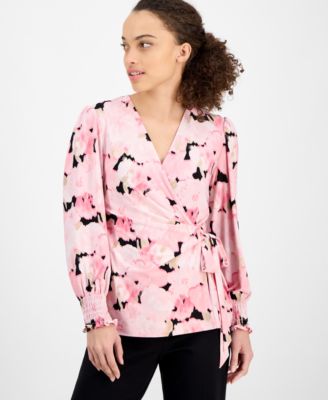 Anne Klein - Petite Watercolor-Print Smocked-Cuff Wrap Top