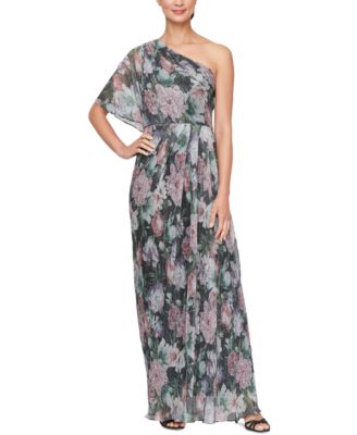 SL Fashions - Women's Asymmetric-Neck Printed A-Line Gown