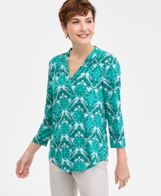 JM Collection - Petite Adrianna Azulejos V-Neck Top
