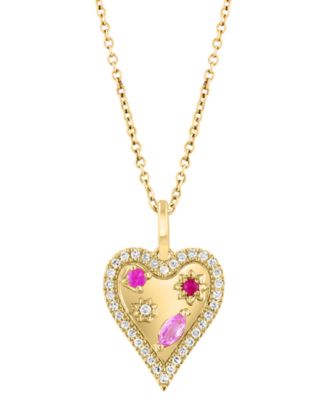 EFFY Collection - Pink Sapphire (1/8 ct. t.w.), Ruby Accent, & Diamond (1/6 ct. t.w.) Heart Halo 18" Pendant Necklace in 14k Gold