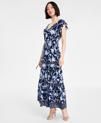 Anne Klein - Women's Printed Border-Trim Drawstring Maxi Dress